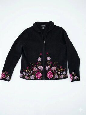 Vintage Wool Black Embroidered Zip‑Front Cardigan Size Petite L